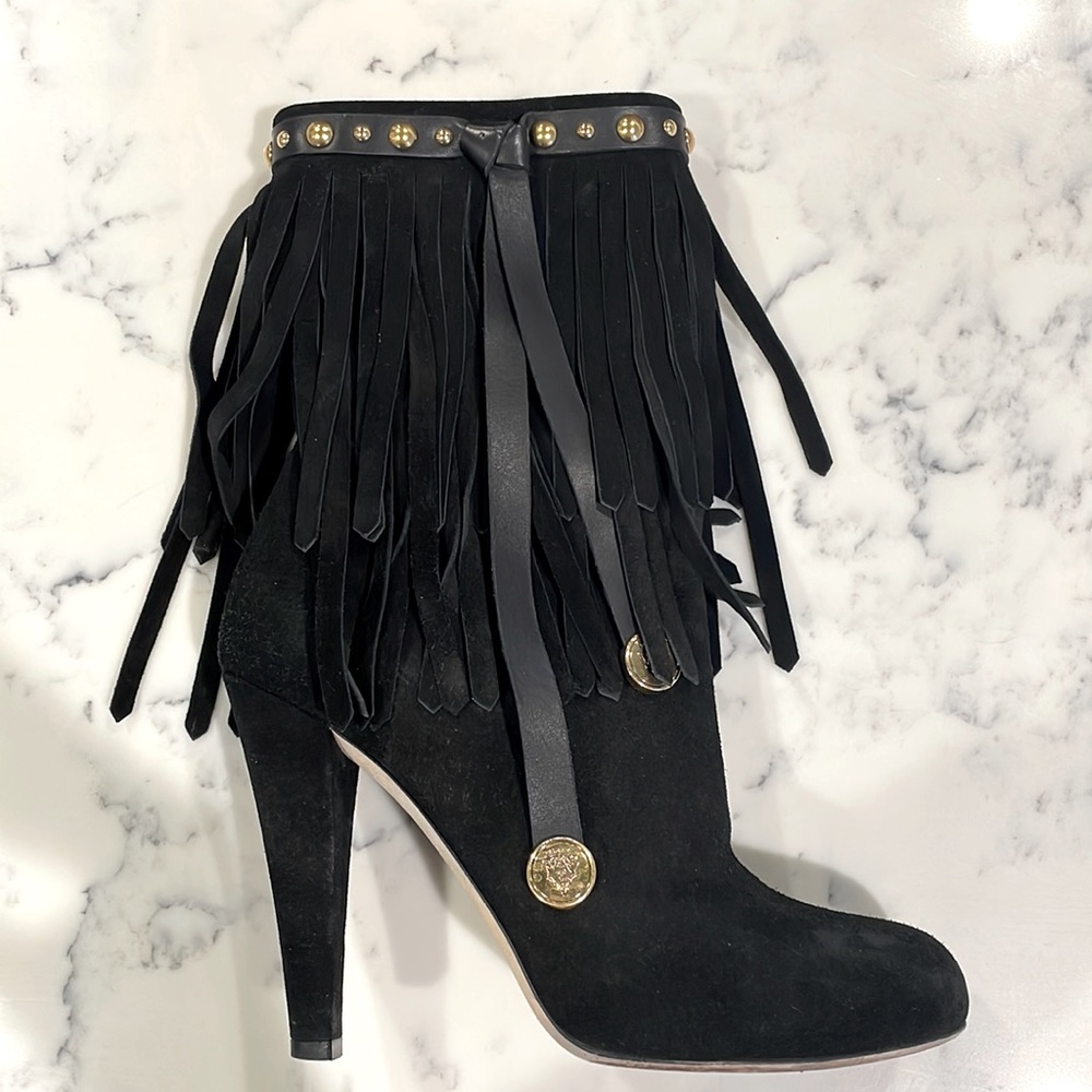 Gucci Devendra Black Suede Fringe Boots  - Size 38 1/2